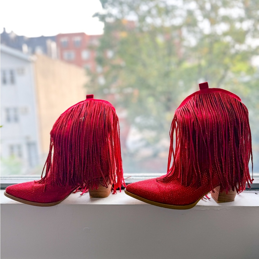 Ouepiano Cowboy Boots for Women Red Fringe